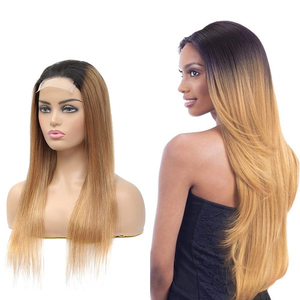 YesJYas Real Hair Wig, Human Hair Blonde Wig, Brazilian Hair, 150% Density, 4x4 Lace Closure Wig, Straight Wig, Ombre Lace Front Wig, Natural Hairline, 1B/27 Colour, 24 Inches (61 cm)