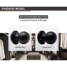 RS Passage Door knob, Standard Ball, Door Knob Lock No Key, Interior Door Lock Set, Door Knob Handles for Closet and Hall (Passage no Key, Matte Black)