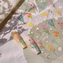 Flower Nail Stickers for Nail Art Flowers Nail Art Stickers Summer Floral Bouquet 5D Embossed Nail Decals Self-Adhesive Nails Supply Manicure Sliders Flower for Nails Decoration