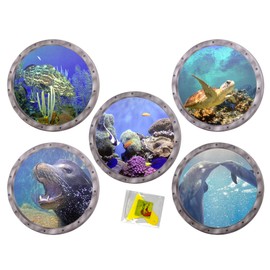 5 Pcs Ocean World Wall Window Stickers, 11 Inches Sea Turtle Dolphin Seal Porthole 3D Frosted Translucent Sticker Sea Life Wall Decor