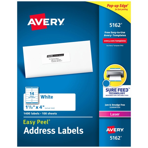 Avery Address Labels,1-1/3" x 4",Paper, Matte White,Laser,Su