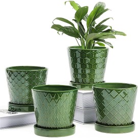 BUYMAX Plant Pots Indoor –5 inch Ceramic Flower Pot with Drainage Hole and Ceramic Tray - Gardening Home Desktop Office Windowsill Decoration Gift, Set of 4-Plants NOT Included (Patina)