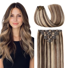 COOKAYU Clip in Hair Extensions Real Human Hair, 14inch 120g 7pcs Natural Human Hair Extensions Clip in Human Hair, 4P27 Medium Brown and Caramel Blonde