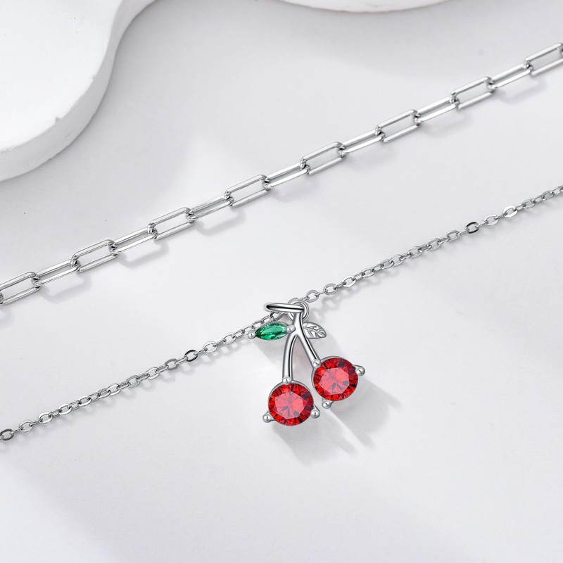 MONGAS Cherry Necklace 925 Sterling Silver Red Fruit Paperclip Necklace