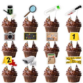 24pcs Mystery Crime Clue Evidence Dessert Cupcake Topper Pick for Detective Suspect Theme Decor Supplies Woman Man Happy Birthday Party Decoration