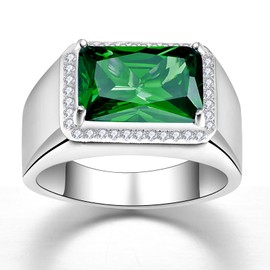 Yaresul Emerald Ring for Men 7ct 8X12mm Rectangle Cut with White Cubic Zirconia White Gold Plated Rings for Men Green Stone Ring Wedding Engagement Band Size 12