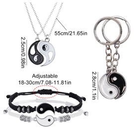 TAIZER Yin Yang Necklace Bracelet Set 8PCS Yin Yang Pendant Chain Tai Chi Pendant Couple Matching Adjustable Bracelet Cord Men Women Boyfriend Girlfriend Friendship Birthday Valentine Gift Souvenir