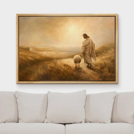 MUDECOR Framed Canvas Print Wall Art Jesus and Lamb Walking Together at Sunset Vintage Classic Illustrations Fine Art Decorative Zen Multicolor Country/Farmhouse Retro for Bedroom - 24"x36" Natural