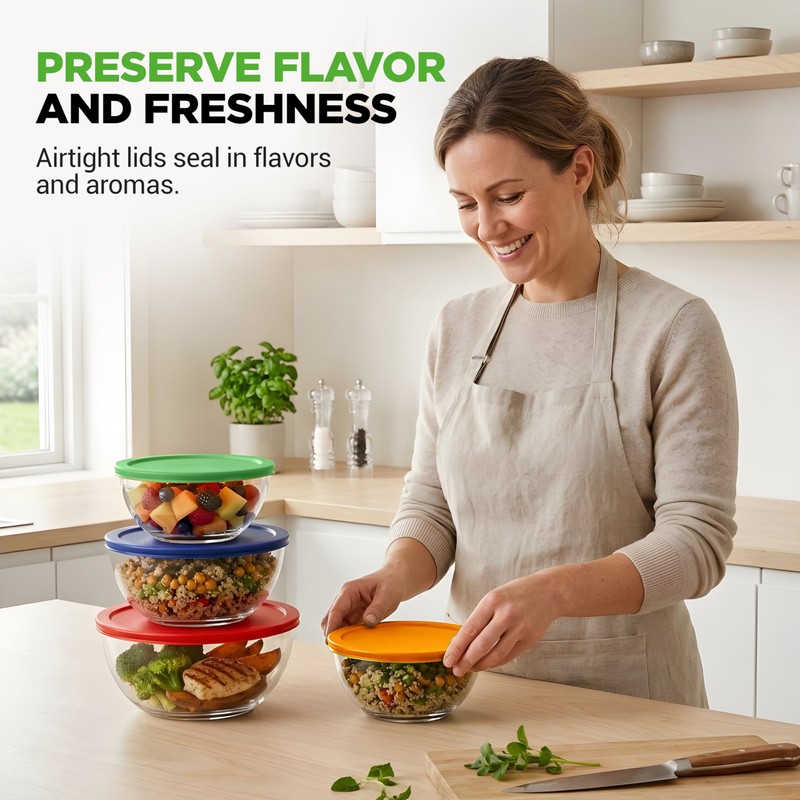 NutriChef 4‑Piece Glass Mixing Bowls with Lids – Premium Borosilicate