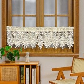 Rustic Crochet Curtains Valance for Kitchen Cotton Lace Curtains for Small Window Farmhouse Tassel Curtains for Coffee Decor Rod Pocket Hollow Sheer Curtain Tiers for Bath 1 Panel W35 X L15 Inch