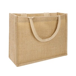 Natural Jute Shopper Bag with Padded Handles Reusable Tote Shopping Bag Burlap Grocery Bag Eco-friendly Shopping Storage Handbag Waterproof Lining Carrier Bag for Shopping Beach Picnic Party Gift Bag