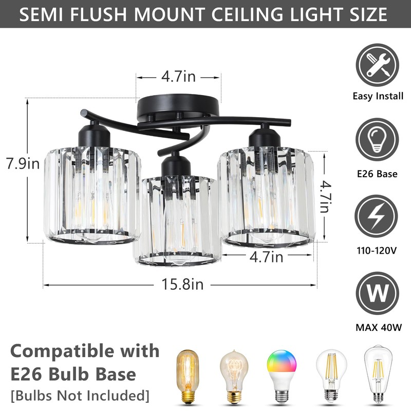 Crystal Semi Flush Mount Ceiling Light,3-Light Black Close to Ceiling