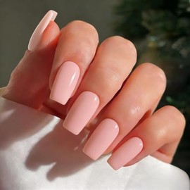 Uñas postizas de color naranja coral, medianas, largas y cuadradas, color rosa melocotón, con pegamento, gruesas, naturales y brillantes, para uso dia