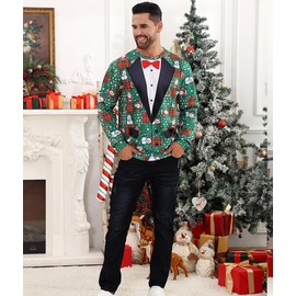 Idgreatim Mens Funny 3D Green Santa Claus Graphic Long Sleeve Ugly Christmas Pullover Sweatshirt Sweater L