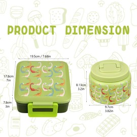 JXXM Bento Lunch Box for Kids with 8oz Soup Thermo,Leak-Proof Lunch Containers with 5 Compartment,Thermo Food Jar Food Containers for School (Green-Colorful Dinosaur)