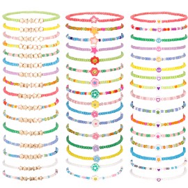 Guiqulai 48 Pcs Kids Friendship Bracelet Set,Colorful Adjustable Beaded Bracelets,Cute Stretch Preppy Bracelets,Stackable Clay Surfer Bracelets Set,Pretend Play Beaded Bracelets for Girls Women