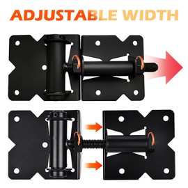 Heavy Duty Self-Closing Gate Hinges for Vinyl & Wooden Fence Gates, 90° Adjustable Hinges Kit with Swing Adjuster Tool and Self-Tapping Screws, Non-Weld Black Finish, 2-Pack