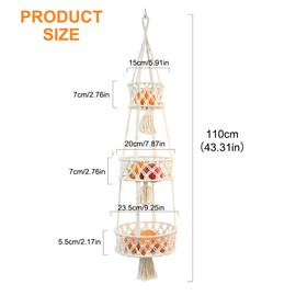 KBIBCK 3-Stöckiger Hängender Obstkorb, Boho Obstkorb, Hängekorb Küche, Hängender Baumwollseil Gemüsekorb, Obst hängekorb, Hanging Fruit Basket, für Kann in Küchen, Esszimmer, Wohnzimmer, Terrassen