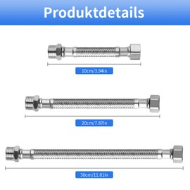 Fourindo 3 pieces 304 stainless steel flexible hose 3/8.60 cm (30+20+10) reinforced hose 3/8 inch, for tap, angle valve, cistern