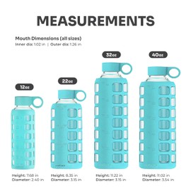 purifyou 40/32/22/12 oz Borosilicate Glass Water Bottles with Volume Markers, Silicone Sleeve, Stainless Steel Lid, Reusable Bottle for Water, Juice, Gym, and Fridge Storage (32oz Aqua Blue)