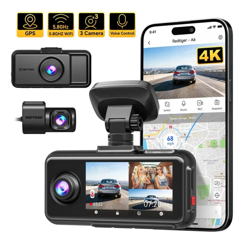 Cámara Redtiger A6 para Auto 4K Triple Cámara Wifi Pantalla