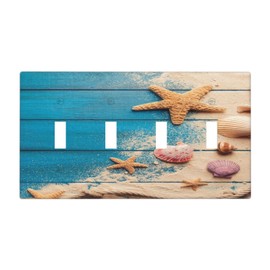 Xuejiaku Light Switch Cover Nautical Blue Wood Plank Starfish Seashell 4 Gang Switch Plate Quad Toggle Wall Plates Decorative Switchplate Electrical Outlet Cover Plates for Office Home Decor