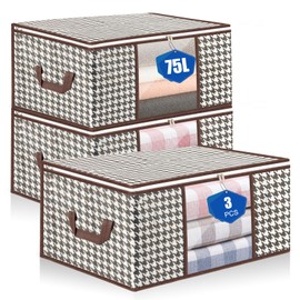 75L Storage Bags, 3 PCS Large Storage Bags Boxes With Lids, Foldable Clothes Storage Organiser, Breathable Thick Fabric Moving Bags For Clothes, Blanket, Comforters, Bedding