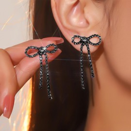 Black Bow Earrings for Women Trendy Sparkly Rhinestone Long Tassel Bowknot Earrings Cute Ribbon Drop Earring Silver Dangle Earrings Wedding Party Christmas Jewelry Gifts