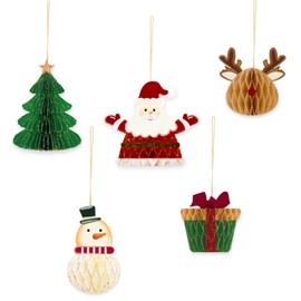 NICROHOME Pack of 5 Christmas Hanging Decorations, Paper Honeycomb Hanging Piece with Santa, Christmas Tree, Elk, Snowman, Gift Box Shape for Christmas and New Year Hanging Decoration