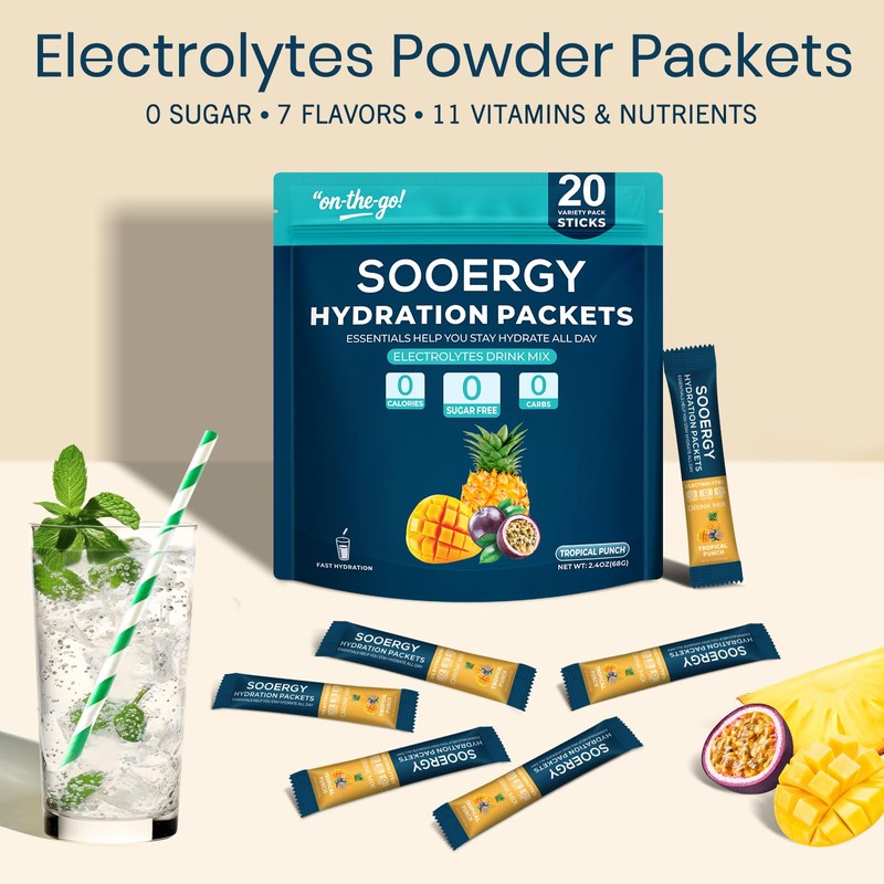 Sooergy Electrolytes Powder Packets Sugar Free Hydration Packets, Liquid Daily