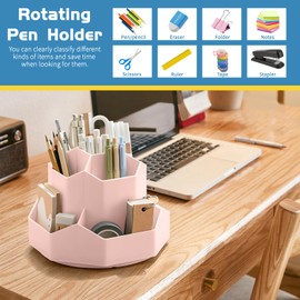 Ceysin Desk Organiser, 360 Degree Rotating Pen Pencil Holder with 9 Compartments, Multifunctional Pen Pots Makeup Brushes Holder Desktop Stationary Storage for Home Office Supplies Desk Tidy (Pink)
