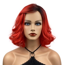 Wiginway Short Curly Wavy Red with Dark Roots Wigs with Bangs for Women Heat Resistant Fiber Synthetic Wig Natural Looking Hairs