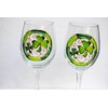 Lucky Green Shamrocks Hand Painted Stemmed Wine Glasses Set of