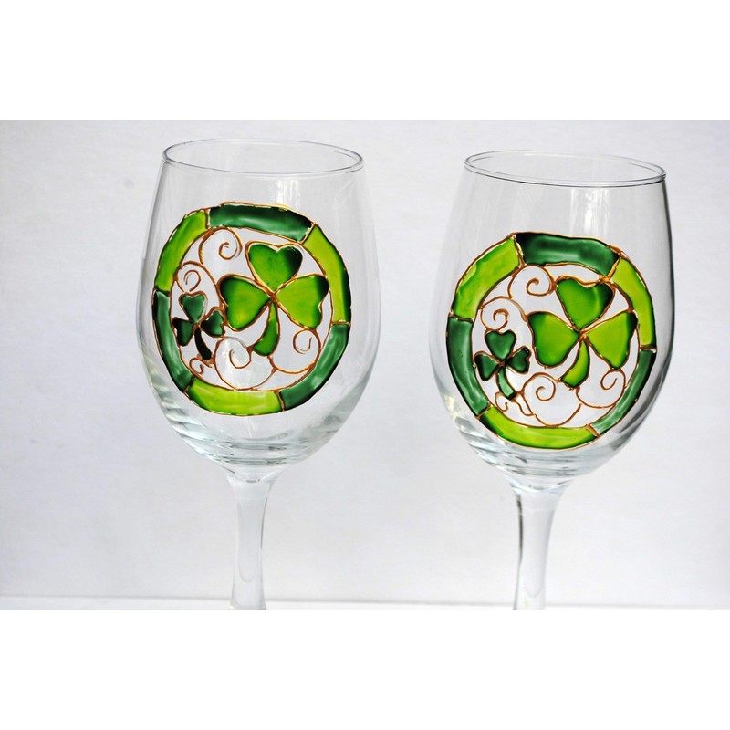Lucky Green Shamrocks Hand Painted Stemmed Wine Glasses Set of