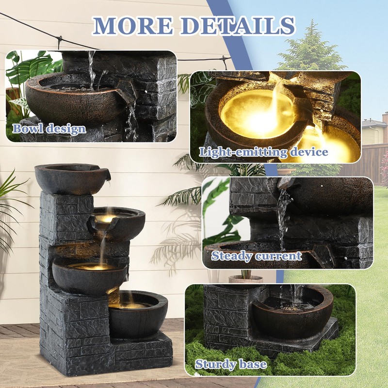 Outdoor 4-Tiers Water Fountain, Garden Cascading Waterfalls Fountain with 4