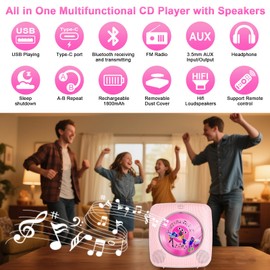 Gueray Portable CD Player Bluetooth : CD Players for Home Rechargeable Desktop Wall Portable CD Player with Bluetooth & Dual Speakers 1800mAh Boombox FM Radio USB Type-C MP3 Music Player