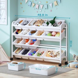 Kids Toy Storage Organizer, Metal Toy Organizer with 20 Storage Bins, 4 Tier Movable Toy Storage Rack, Toy Organizers and Storage Bins for Living Room, Playroom, Nursery, Kids Rooms, White