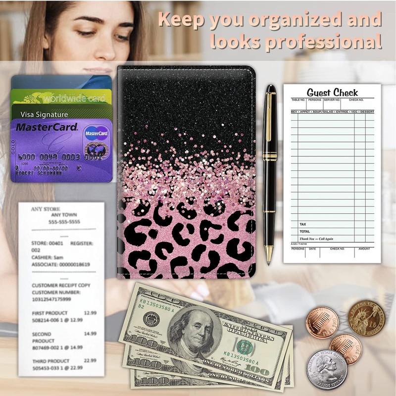 Server Books for Waitress Waiter with Zipper Pocket, Pink Glitter