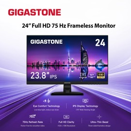 Gigastone 24 inch IPS LED Back Light Monitor 75Hz FHD 1920 x 1080, 1080P 178° Wide View Frameless Computer Monitor 5ms, Built-in Speakers, Eye Care Technology, Ergonomic Tilt VESA Mount, HDMI VGA