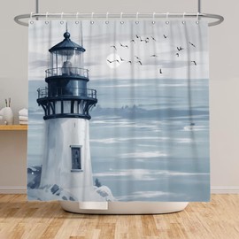 Grayish Blue Lighthouse Shower Curtain Ocean Sunrise Seagull Nautical Seascape Modern Elegant Chic Bathroom Decorations Waterproof Shower Curtains Set with Hooks 72''x72''