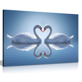 Panther Print, Canvas Wall Art, Framed Pictures for Bedroom, Blue Living Room Accessories, Two Swans Make Up a Heart Reflected on Water, Prints for Special Occasions (61x41cm)
