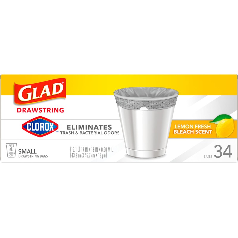 Glad Small Drawstring Trash Bags with Clorox, 4 Gal, Lemon