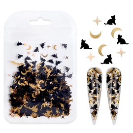 Black Gold Cat Nail Art Glitter - Cute Cat Moon Star Nail Sequins 3D Holographic Cartoon Nail Art Flake Supplies Mixed Cat Design Nail Sticker for Women Gel Polish Nail Tips DIY Manicure Decoration