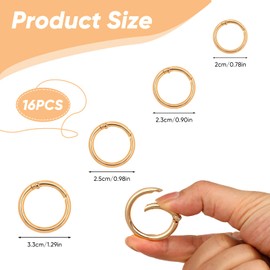 Qianyu Pack of 16 Round Carabiner Spring O Rings Zinc Alloy Carabiner Hooks 20/23/25/33 mm Gold Metal Small Spring Split Rings Key Ring Accessories for Key Chain Bag Purse Craft DIY