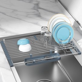 LIONONLY Expandable Roll Up Dish Drying Rack, 304 Stainless Steel Over The Sink Drainer Rack, Foldable Rollable Kitchen Sink Rack with Removable Utensil and Dish Holder 12.59”-12.59” to 23.22”