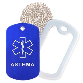 Goods For Giving Asthma Medical Alert ID Necklace with Blue Tag, White Silencer, and 30'' USA Chain - 154 Color Choices