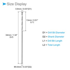 CoCud Micro Drill Bits, 0.8mm Drill Diameter 34mm Total Length, 6542 High Speed Steel Fully Ground Twist Drill Bit - (Applications: for Copper Metal Wood), 10-Pieces