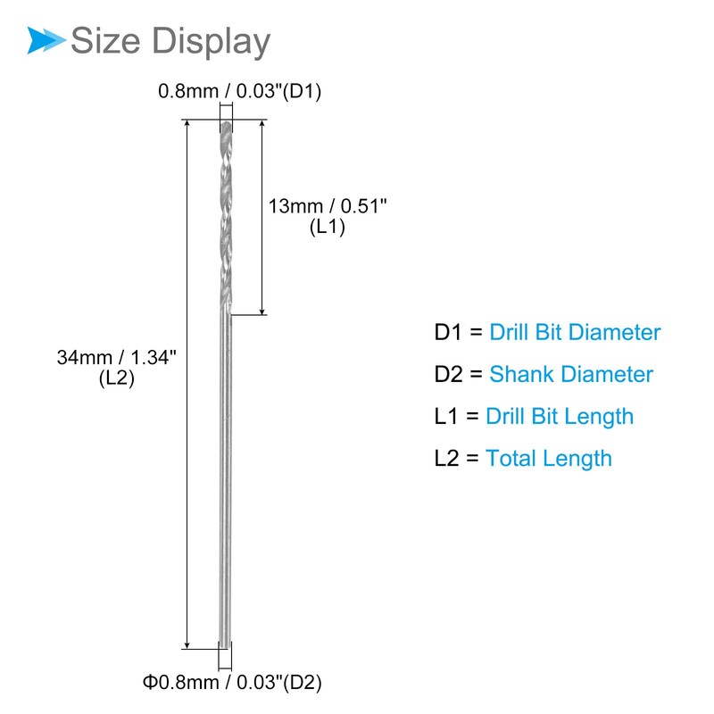 CoCud Micro Drill Bits, 0.8mm Drill Diameter 34mm Total Length,