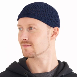 CHARM Kufi de punto de algodón para hombre, gorro de oración de ganchillo, gorra de malla de calavera, Azul Marino, Talla única