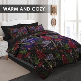 WeCozy 5 Pcs Twin Size Comforter Set with Pillowcase & Sham, Mushroom Gothic Bedding Set for Kids and Adults, Vintage Leaf Retro Black Bed in a Bag with Flat Sheet and Fitted Sheet